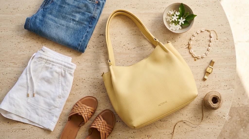 Butter Yellow Soft Leather Shoulder Tote & Denim Shirt Outfit